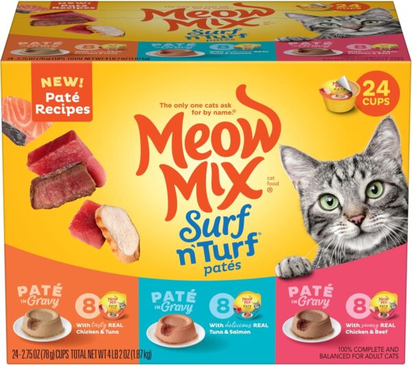 Meow Mix Paté in Gravy Wet Cat Food Variety Pack, Surf n’ Turf Patés 2.75 Ounce (Pack of 24)