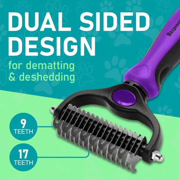 Maxpower Planet Pet Grooming Brush - Double Sided Shedding, Dematting Undercoat Rake for Dogs, Cats - Extra Wide Dog Grooming Brush, Dog Brush for Shedding, Cat Brush, Reduce Shedding by 95%, Purple - Image 2