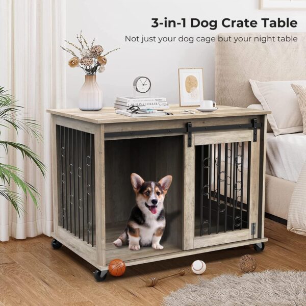 Dog Crate Furniture with Divider for 2 Small to Medium Dogs, Wooden Cage End Table, Heavy Duty Indoor Puppy Kennel with Removable Divider and Sliding Door, Grey, 39.37''W*25.2''D*28.94''H - Image 3