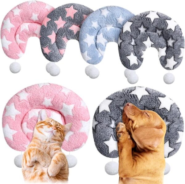 4 Pcs Pillows for Cats Large Cat Pillow for Indoor Cat Bed Pillow with 2 Toy Balls Fluffy Cat Calming Pillow Half Donut Cuddler U Shaped Cat Neck Pillow Training Toy Joint Relief (Star)