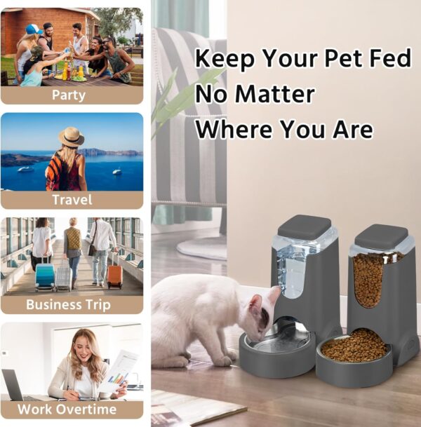 2 Pack Automatic Cat Feeder and Stainless Steel Water Dispenser, Gravity Dog Waterer Set Food Feeder and Waterer Set for Small Medium Kitten Puppy Pets(1 Gallon x 2, Charcoal Gray) - Image 2