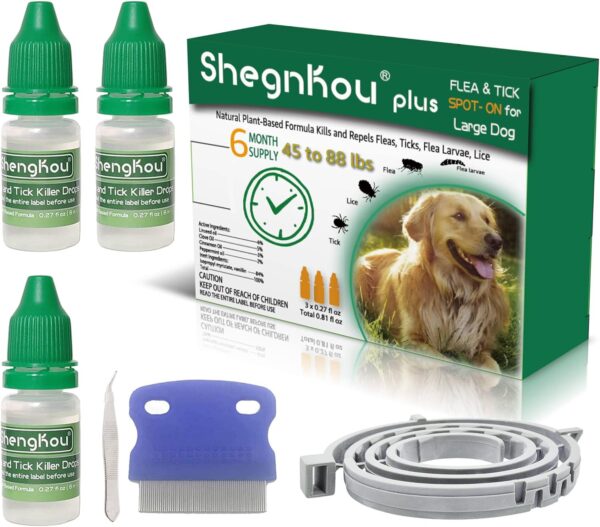 Complete Defense: Dog Flea and Tick Repellent Drops, Effective Pest Control, Natural Formula, includes Free Flea Collar and Comb, for Dogs 44-88 lbs, (6 Month Supply)