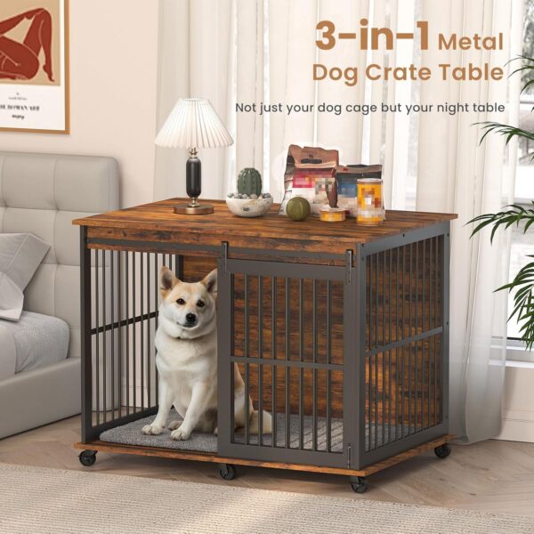 43.7'' Dog Crate Furniture with Cushion for Medium to Large Pets, Wooden Cage End Table, Heavy Duty Indoor Puppy Kennel with Flip-up Top and Sliding Door, Brown - Image 3