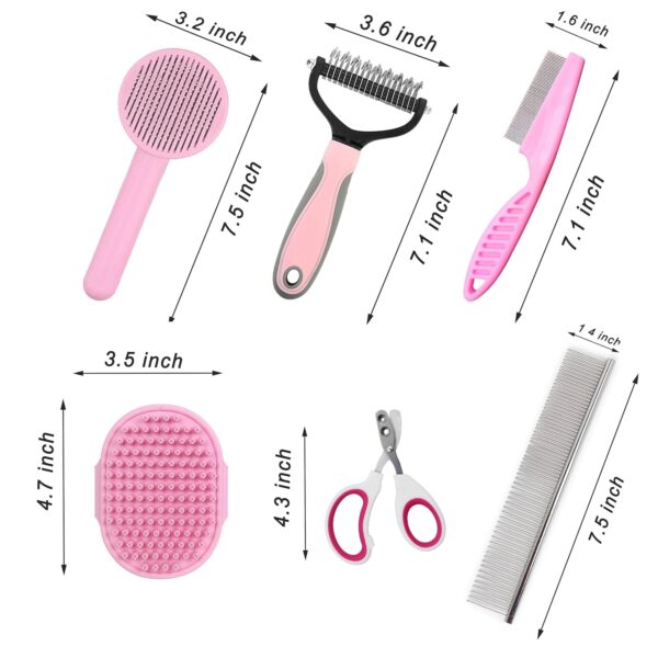 Cat Brush Grooming Kit 6pcs - Cat Brushes for indoor Cats Shedding, Dog Brushes Kit for Small Dogs,Cat Brushes for Shedding for Long Haired Cats, Pet Self Cleaning Kit with Flea Comb Set Pink - Image 2