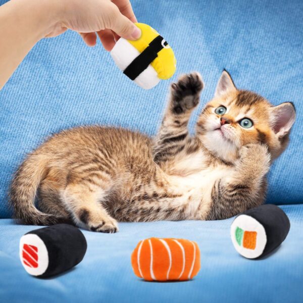 CiyvoLyeen 6 Pack Sushi Cat Toys with Catnip Sushi Roll Pillow Kitten Chew Bite Supplies Boredom Relief Fluffy Kitty Teeth Cleaning Chewing Cat Lovers Interactive Plush - Image 5