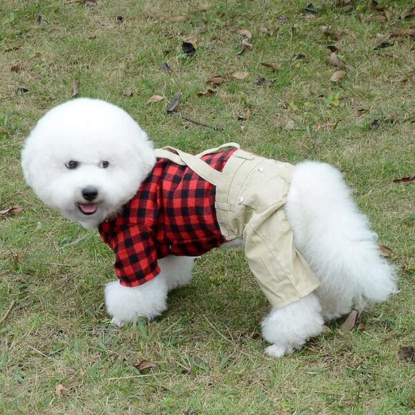 SMALLLEE_LUCKY_STORE Pet Clothes for Small Dog Cat Red Plaid Shirts Sweater with Khaki Overalls Pants Jumpsuit Outfits S - Image 5