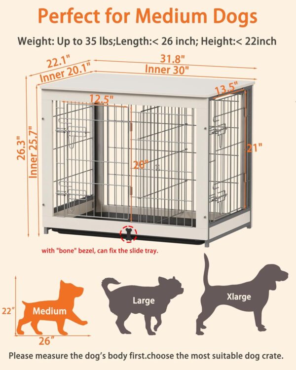 Piskyet Wooden Dog Crate Furniture with Divider Panel, Dog Crate End Table with Fixable Slide Tray, Double Doors Dog Kennel Indoor for Dogs(M:31.8" L*22.1" W*26.3" H,White) - Image 3