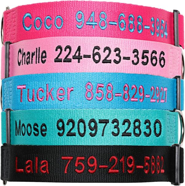 FlowerTown Personalized Dog Collar with Embroidered Name and Phone Number, Custom Dog ID Collars 4 Adjustable Sizes with Safety Release Buckle and D-Ring (Normal), Blue