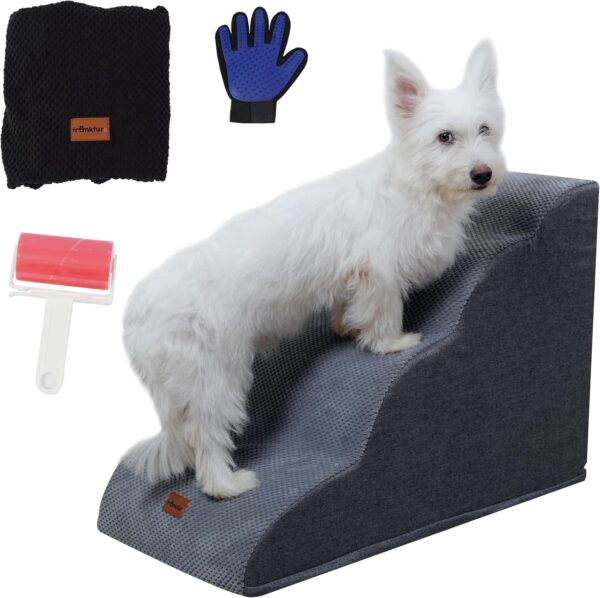 Dog Stairs for Small Dogs and Cats with Extra Non-Slip Cover, Lint Roller & Grooming Brush – Sturdy 4-Step Stairs for Dogs to Get on Bed, Stable Indoor Puppy Stairs for High Bed