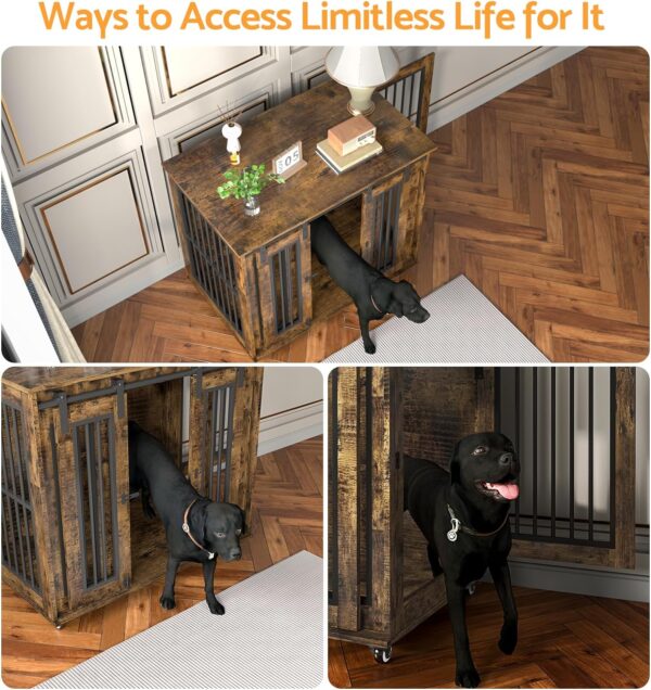 38.5" Wood Dog Crate Furniture with Wheels & Sliding Barn Door, Heavy Duty Dog Kennel Indoor, Large Dog Cage Furniture End Table for Small/Medium/Large Dogs (Brown) - Image 3