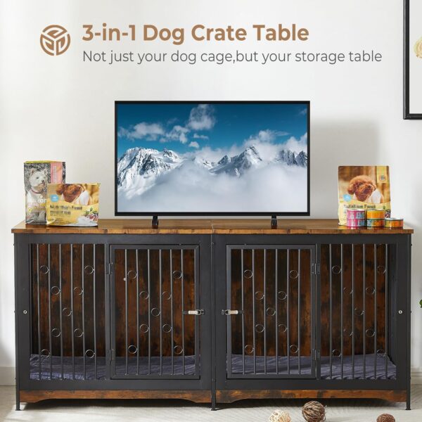 71'' Dog Crate Furniture for 2 Dogs, Wooden Double Dog Crate Large Breed with Cushion, XXL Indoor Dog Kennel TV Stand End Table with Divider for Large Medium Dogs, Brown - Image 3