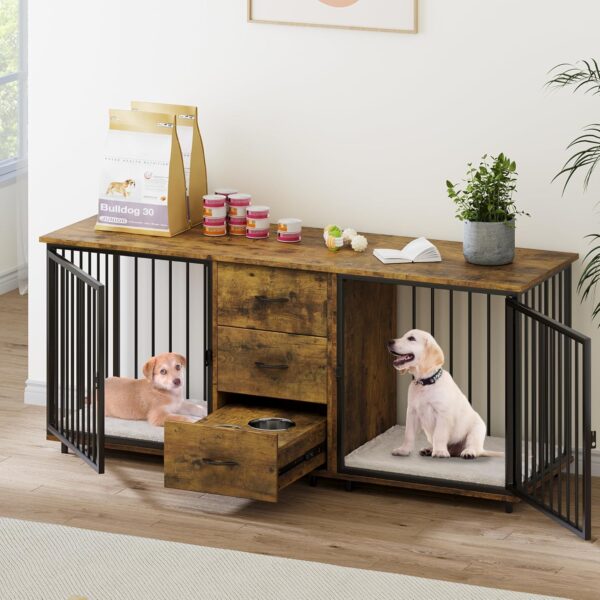 YITAHOME 74" Double Dog Crate Furniture with 2 Feeder Bowls, Wooden Dog Kennel TV Stand with Room Divider for 2 Large Medium Small Dogs, Rustic Brown - Image 6