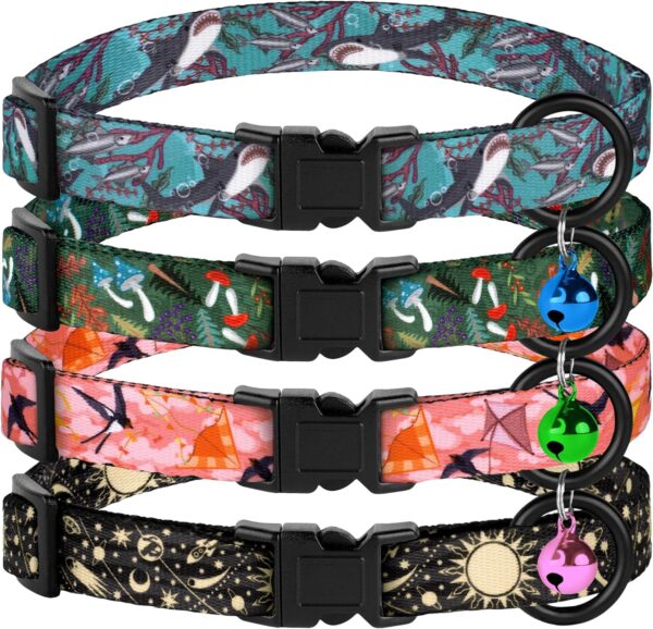 4PCS Breakaway Cat Collars with Bell, Cute Kitty Adjustable Safe Kitten Collars, 4-Pack, Nylon Pet Collars Space Mushrooms Shark Birds Print (Nature) - Image 2