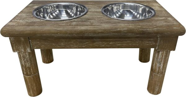 | Adjustable Dog Feeder - 3 Height Levels - Aluminum Bowls - Washed Oak Finish - Farm House Pet Supplies - 16" Tall - 12" Tall - 8" Tall - Image 2