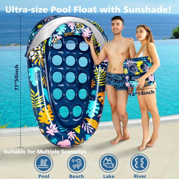 Pool Float Lounger with Detachable Sunshade,Pillow, and Cup Holder, 3-in-1 Pool Floats Adult 77"X50", XL Multi-Purpose Inflatable Pool Toys for Pool Party, Beach, Lake, River, Sea, Outdoor - Image 5