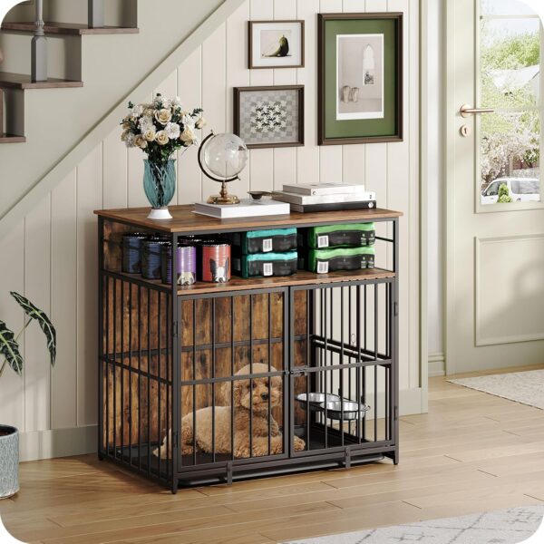 Dog Crate Furniture with Storage, 31.5" Heavy Duty Dog Kennel with Bowls & Removable Tray, Wooden Dog Cage End Table for Small/Medium Dogs, Chew-Resistant, Rustic Brown DCHR10801 - Image 2