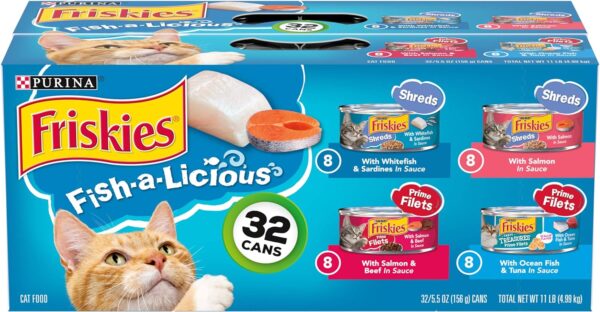 Purina Friskies Wet Cat Food Variety Pack, Fish-A-Licious Shreds, Prime Filets & Tasty Treasures - (Pack of 32) 5.5 oz. Cans