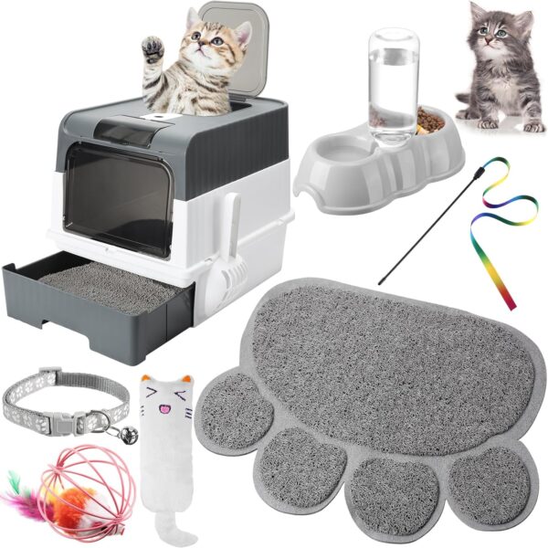 Tioncy 7 Pcs Small Cat Kitten Starter Kit Cat Litter Box with Shovel Cat Paw Litter Mat Double Automatic Cat Bowls Cat Toy Teaser Stick Cat Collar Essentials Kits for 1-3 Lbs Beginner (Gray)