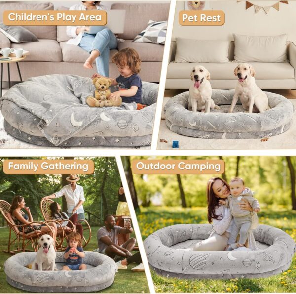 Human Dog Bed for Kids Toy Storage Organizer–57"x37.4"x10" Toddler Floor Pet Bed - Flufelbed Standard Cloud Bed–Bean Bag Shared Bed Dog Mattress Grey - Image 6