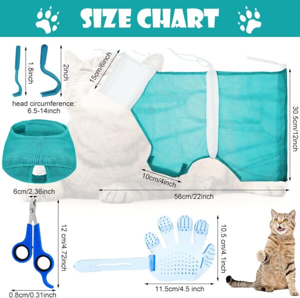 Patelai 5 Pcs Cat Bathing Bag Set Cat Grooming Bag Adjustable Pet Shower Net Bag Muzzles Nail Clipper Tick Remover Tool Massage Brush (Green White) - Image 2