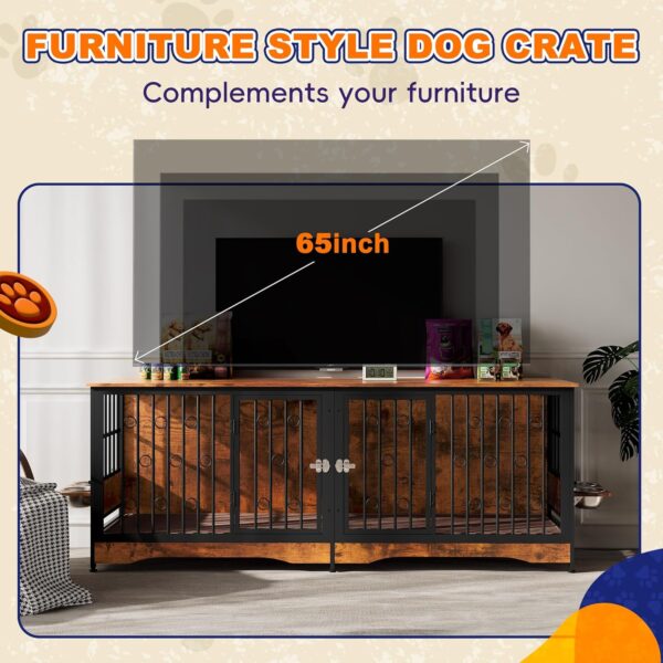 75'' Dog Crate Furniture Large Storage TV Stand with Dual Cushion / 4 Bowls/Double Rooms, Wooden Dog Kennel Dog Crate End Table with Removable Divider for Large Medium Dogs, Rustic Brown - Image 6