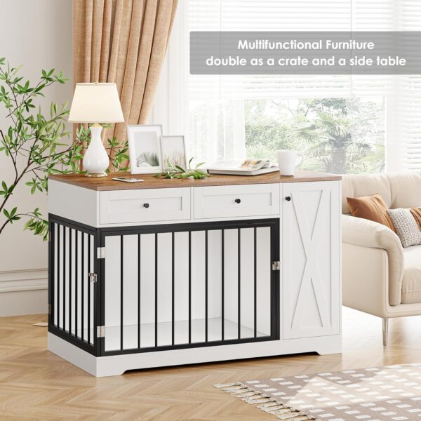 Dog Crate Furniture Kennel with Double Doors Wooden Pet House with 2 Drawers and Storage Cabinet, Indoor Dog Cage Farmhouse Modern Side End Table for Small Medium Dogs, White - Image 3