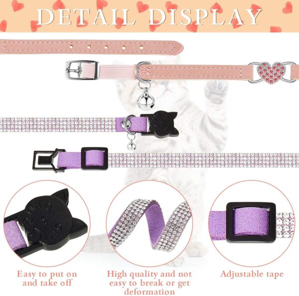 Weewooday 4 Pcs Rhinestone Cat Collar Heart Bling Breakaway Girl Cat Collar Soft Velvet Fancy Cat Collar with Heart Bling Cat Collar Adjustable Safety Kitten Collar with Bell for Kitty(Pink, Purple) - Image 4