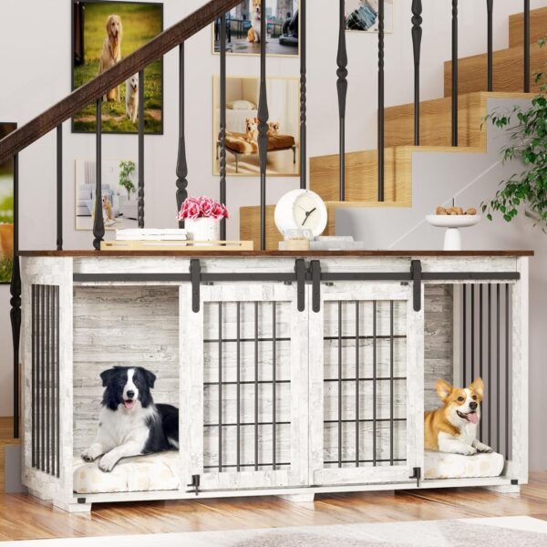 EBE Dog Crate Furniture, 63''Wooden Dog Kennel with Removable Divider and Sliding Door, Dog Crate with Double Rooms, Heavy Duty Dog Crate Table Indoor TV Stand for Small Medium Large Dogs - Image 8