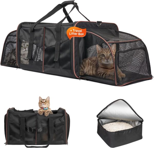 Cat Carrier for 2 Cats, Cat Travel Carrier with Litter Box, Portable 2-in-1 Double Cat Carrier, Pet Travel Carrier with Litter Box for Long Distance Travel, Black