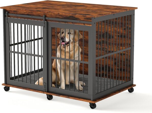 43.7'' Dog Crate Furniture with Cushion for Medium to Large Pets, Wooden Cage End Table, Heavy Duty Indoor Puppy Kennel with Flip-up Top and Sliding Door, Brown