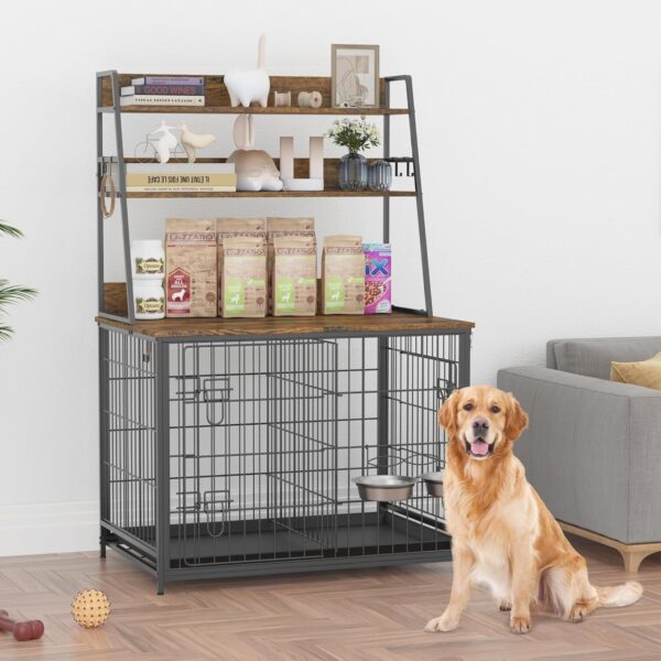 Furniture Style Dog Crate, Indoor Basic Dog Cage with 3-Layer Storage Shelves, Flip-up Top End Table Dog Cage, Dog Kennel Furniture with Adjustable Bowls, 37.4" L x 24.4" W x 57.1" H,Brown - Image 7