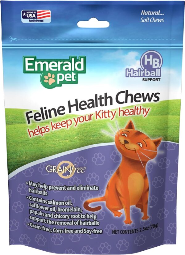 Emerald Pet Feline Health Chews Hairball Support — Natural Grain Free Feline Hairball Control Chews — Hairball Control Cat Supplements for Hairball Prevention and Elimination — Made in USA, 2.5 oz