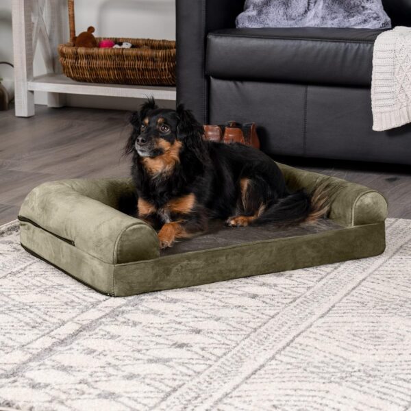 Furhaven Orthopedic Dog Bed for Medium/Small Dogs w/ Removable Bolsters & Washable Cover, For Dogs Up to 35 lbs - Faux Fur & Velvet Sofa - Dark Sage, Medium - Image 3