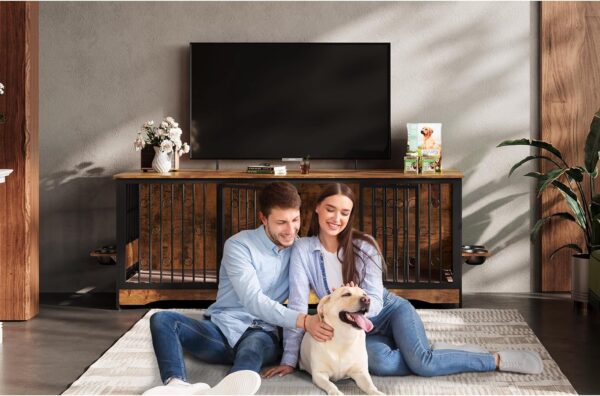 75'' Dog Crate Furniture Large Storage TV Stand with Dual Cushion / 4 Bowls/Double Rooms, Wooden Dog Kennel Dog Crate End Table with Removable Divider for Large Medium Dogs, Rustic Brown - Image 8