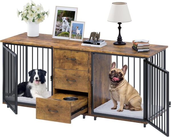 YITAHOME 74" Double Dog Crate Furniture with 2 Feeder Bowls, Wooden Dog Kennel TV Stand with Room Divider for 2 Large Medium Small Dogs, Rustic Brown