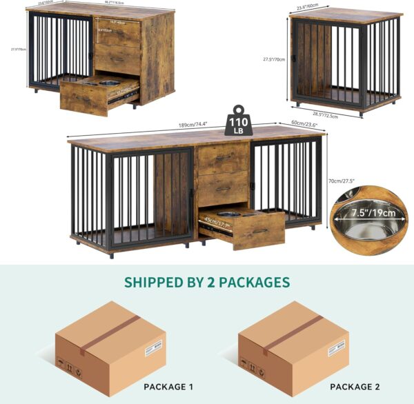 YITAHOME 74" Double Dog Crate Furniture with 2 Feeder Bowls, Wooden Dog Kennel TV Stand with Room Divider for 2 Large Medium Small Dogs, Rustic Brown - Image 5