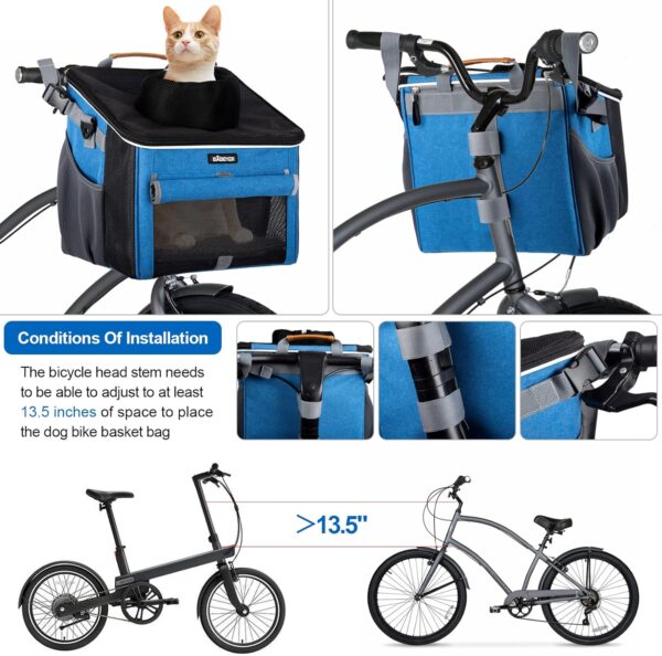 Dog Bike Basket, Soft-Sided Pet Bike Carrier with 4 Mesh Windows for Small Dog Cat Puppies - Blue - Image 4