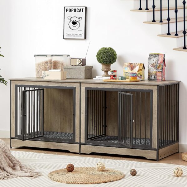 75'' Double Dog Crate Furniture for 2 Large Dogs, Heavy Duty Dog Crate, Furniture Style Dog Crate End Table, Wood Crates for Dogs Kennel Indoor, Decorative Dog Crate with Double Door, Grey