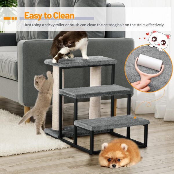 Snughome Dog Stairs & Cat Scratching Post for High Beds Couch, Non-Slip Pet Steps with High-Strength Boards Holds up to 40 lbs for Indoor Small Cats Kittens Dogs Climbing Playing, 3-Step Stairs-Grey - Image 3