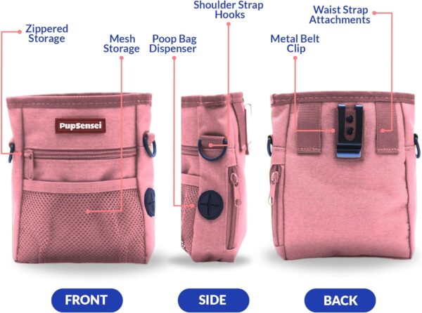 Dog Treat Pouch, Durable Oxford Polyester, No-Spill Magnetic Closure, Treat Pouches for Pet Training with Metal Clip, Waist Belt, Adjustable Strap, Poop Bag Dispenser (Light Pink) - Image 7