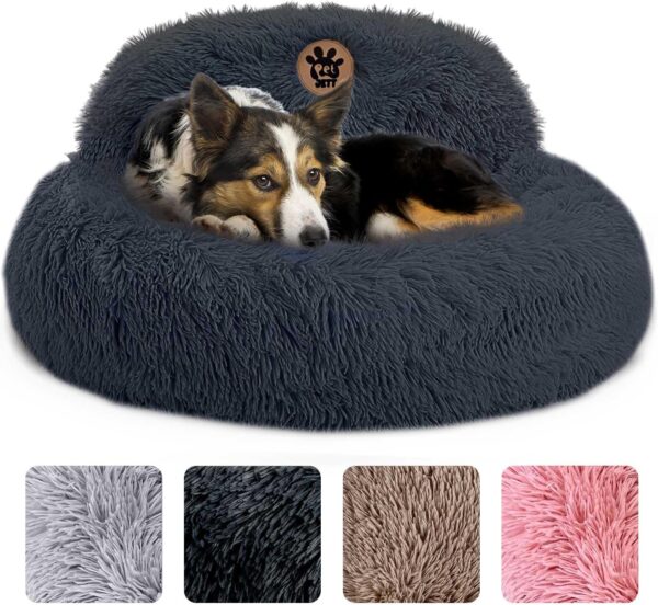 PetJett Calming Dog Bed for Medium Dogs - 30'' Donut Dog Beds for Small, Medium, Large Dogs, Anti-Slip & Washable Round Dog Bed - Fluffy Pet Bed, Anti-Anxiety Puppy Bed, Fits Up to 45 lbs, Dark Grey