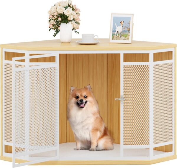 YITAHOME Corner Dog Crate Furniture with Cushion, 43.7" Dog Kennel Furniture with Metal Mesh, Wooden Dog Kennel for Small Medium Dogs, Walnut Color