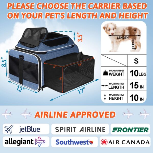 Top and Side Expandable Pet Carrier 17x12x8.5 Inches JetBlue Frontier Spirit Airline Approved, Soft-Sided Carrier for Small Cats and Dogs with Locking Safety Zippers and Anti-Scratch Mesh(Blue) - Image 2