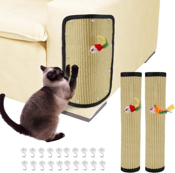 2 Pcs Natural Sisal Cat Scratcher Mat, Durable Cat Scratching Pad with Cute Playing Toy, 11.8 x 15.7 in Cat Scratch Furniture Protector for Fabric Sofa Couch Chair