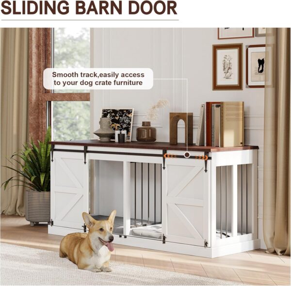 Dog Crate Furniture - Indoor Wooden Dog Kennel with Room Divider and Double Sliding Barn Doors - 71"x23.6"x31.5"H, White - Image 2