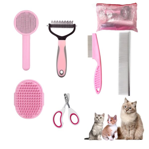 Cat Brush Grooming Kit 6pcs - Cat Brushes for indoor Cats Shedding, Dog Brushes Kit for Small Dogs,Cat Brushes for Shedding for Long Haired Cats, Pet Self Cleaning Kit with Flea Comb Set Pink