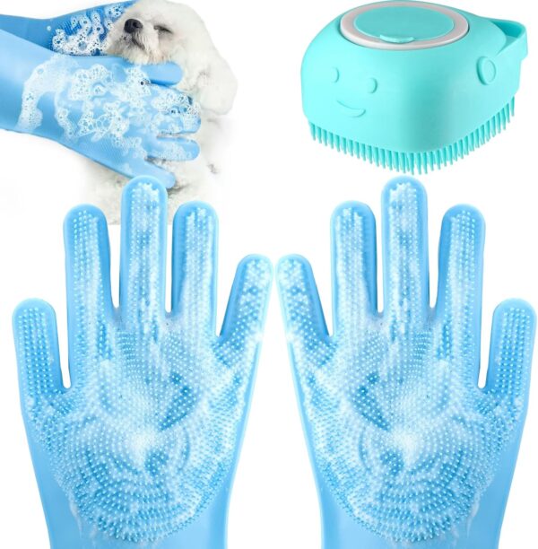 Dog Bath Brush with Gloves, Cat Bathing Gloves, Silicone Dog washing Gloves with High-Density Teeth, Dog Bath Supplies Christmas Gifts for Long Short Haired Dogs and Cats Blue