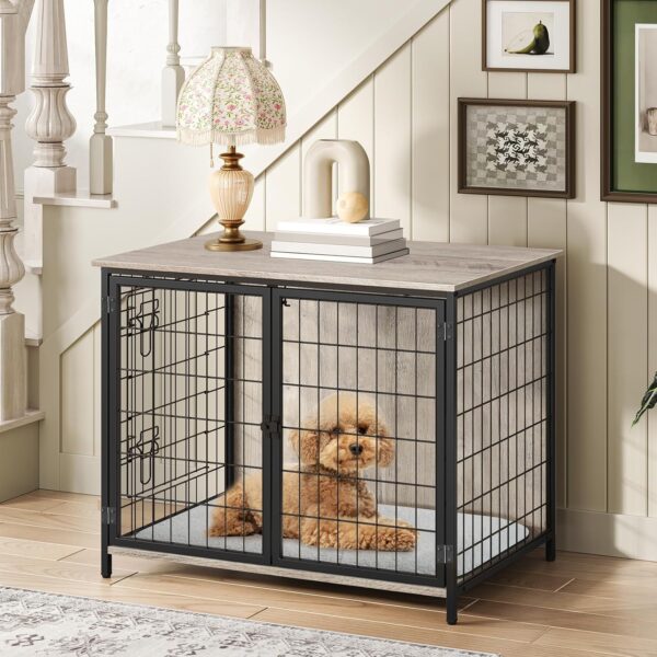 Dog Crate Furniture with Cushion, Wooden Dog Kennel with Double Doors, Heavy Duty Dog Cage for Small/Medium/Large Dogs, Indoor Dog House End Table, 31.5" L, Greige DCHG0701 - Image 3