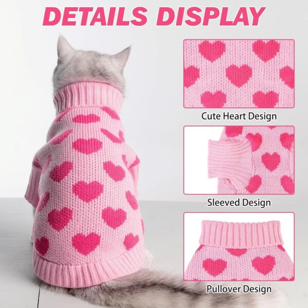 KOOLTAIL Cat Sweater - Valentine's Day Outfit with Heart Love Pattern Soft Warm Knit Turtleneck Clothes for Cats Kitten Small Dogs Puppy Pink M - Image 2