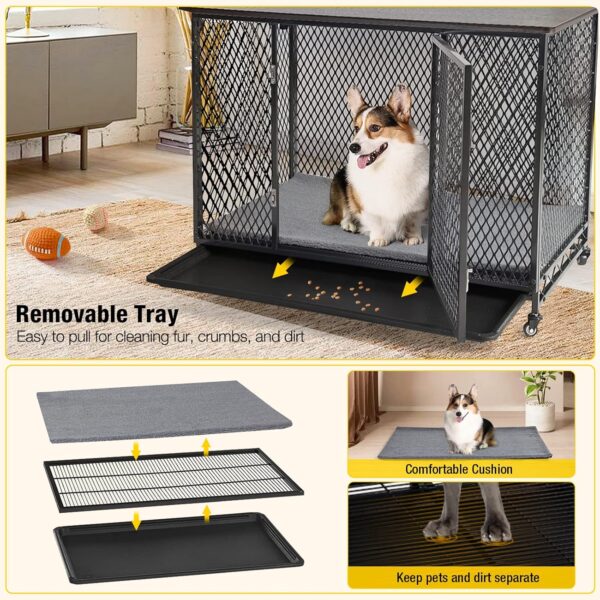 Aivituvin Dog Crate Furniture Movable Side End Table Indoor Dog Kennel for Small Medium Large Dogs Double-Doors Wooden Dog House with Cushion, Tray, Wire Floor(38.6") - Image 4